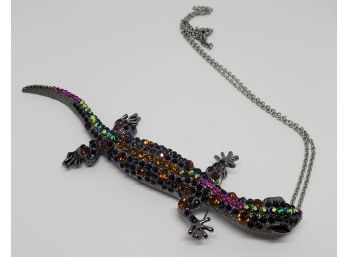 Multi Color Austrian Crystal, Black Glass Lizard Pendant Necklace