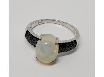 Gorgeous Ethiopian Welo Opal, Blue Diamond Ring In Blue Rhodium & Platinum Over Sterling