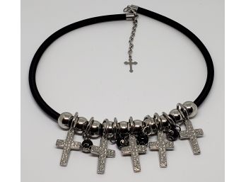 Nice Black Cord Stainless Steel Choker Necklace With Silver Crosses