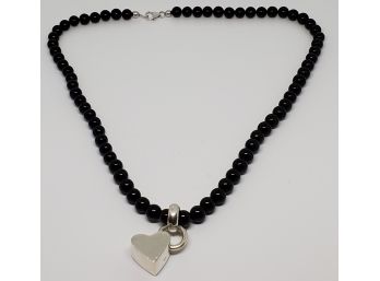 California Black Jade Bead Necklace With Vintage Sterling Heart Pendant