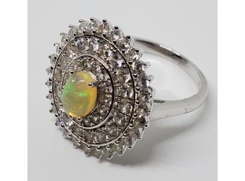 Ethiopian Opal With Zircon Sterling Ring