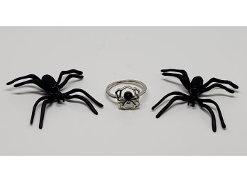 Unique Spider Earrings & Ring In Silver Tone