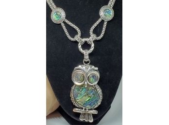 Abalone Shell Owl Pendant In Silver Tone