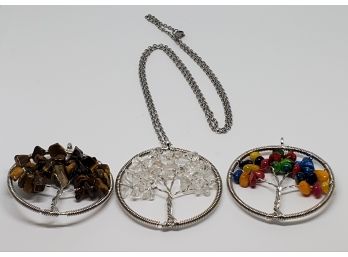 Lot Of 3 Tree Of Life Pendants With Silver Tone Necklace