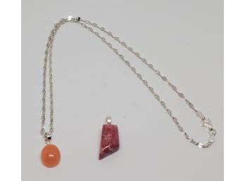 Sterling Necklace With 2 Sterling Pendants 1 Orange Jade And 1 Thulite