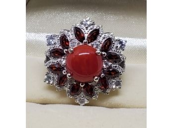 Natural Red Coral, Multi Gemstone Ring In Platinum Over Sterling