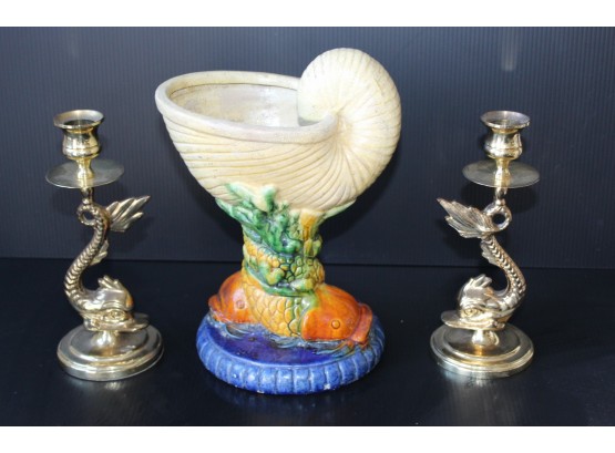 Set Of Fish Candle Sticks & Compote