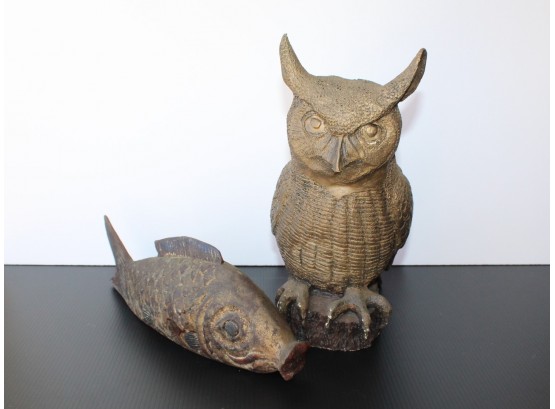 Ceramic Owl & Hand Carved Fish