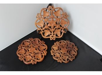 Trio Of Hand Carved Wooden Trivets
