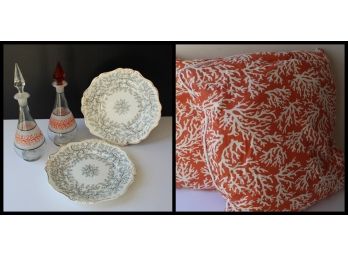 Lot Of Coral Pillows, Vintage Plates & Cruet Set