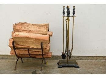 Wood Log Holder + Five Piece Fireplace Tool Set