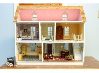 Vintage Wooden Dollhouse With Furniture And Accessories