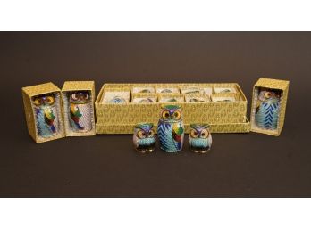 Cloisonné Owls -4 Sets Of  Salt And Pepper Shakers & 4 Toothpick Holders
