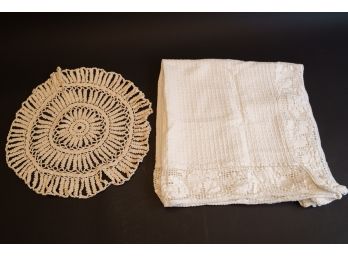 White Small Greek Tablecloth & Crochet Doilie