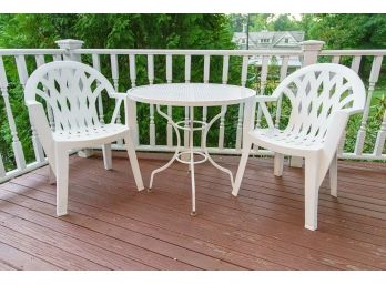 Woodard Style Outdoor Metal Table W Two Grosfillex Style Stacking Chairs