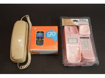 Two Vintage Landline Corded Telephones And AT&T Go Phone