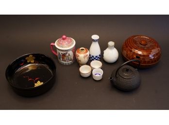 Chinese Cup W Lid, Small Satsuma Vase, Sake Bottles And Cups, Bowls & Teapot
