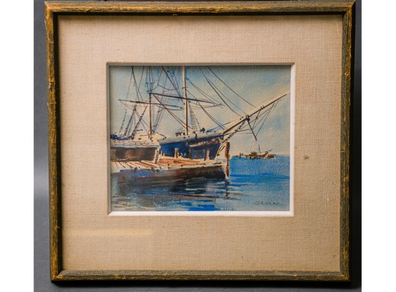 JA Neff Signed Watercolor Of Ship Mystic, CT