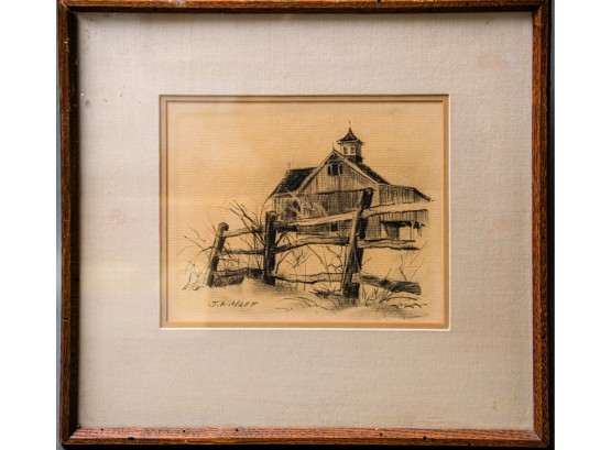 Framed Charcoal Drawing Of Pennsylvania Farm By JA Neff