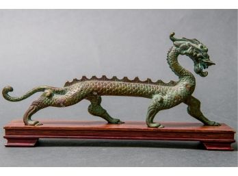 Patinated Brass Dragon On A Wooden Base