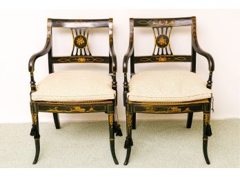 Two Black Arm Chairs With Cane Seats