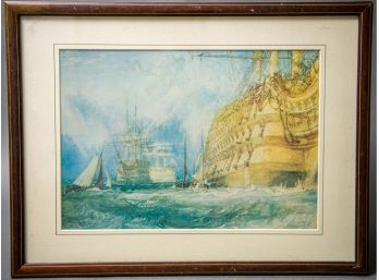 Wooden Framed Watercolor Of Ships