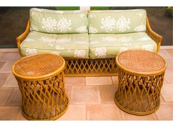 Vintage Rattan Sofa & Two Round End Tables