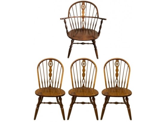 Set Of 4 Vintage Spindle Back Shaker Style Dining Chairs With Carved Center Detail