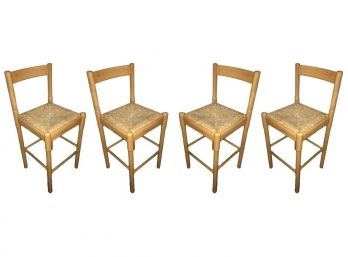 Set Of 4 Wooden Counter Stools With Rattan Seats
