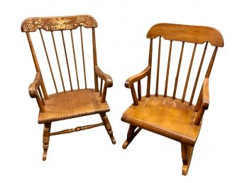 Pair Of Windsor Style Children's Rocking Chairs One With Gold Leaf 1776 Stenciling