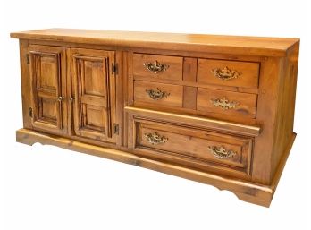 Colonial Style Knotty Hardwood Sideboard With Brushed Brass Hardware And Mirror
