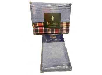 New! Ralph Lauren Plaid Chambray Queen Size Flat Sheet And Standard Pillowcases