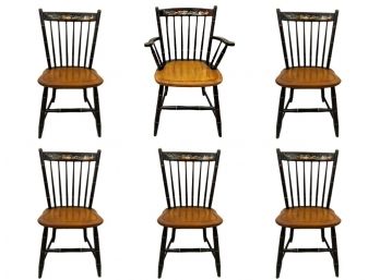 Set Of 6 American Primitive Windsor Back Chairs With Painted Scene Of Mystic, CT By Hitchcock Chair