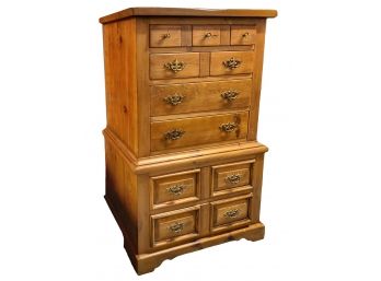 Colonial Style Knotty Hardwood Highboy Dresser With Brushed Brass Hardware
