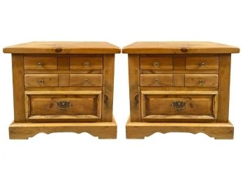 PAIR Of Colonial Style Knotty Hardwood Bedside Tables With Antique Brass Drawer Pulls