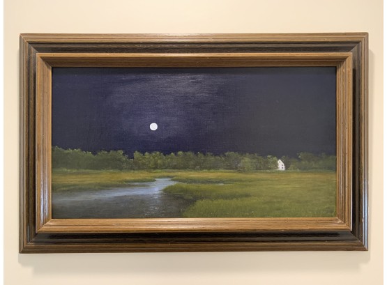 'Harvest Moon Rising' Oil On Canvas Of Gulf Pond In Milford, CT By R. Sforza (Connecticut)