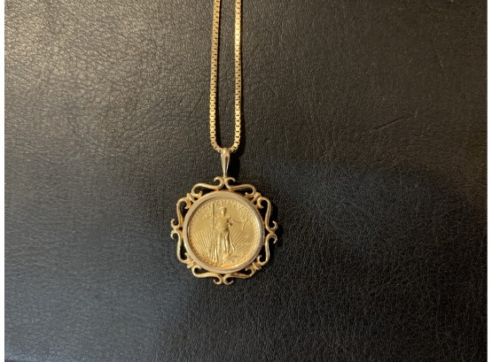 $5 Gold Coin Mounted Pendant With 14K Gold Chain Necklace