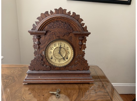 Antique Carved Wood Mantel Clock, Made In Connecticut