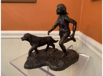'Girl Running With Dog' Bronze By Sandra Spahr (American, 20th Century) On Tall Lucite Stand, Paid $2400