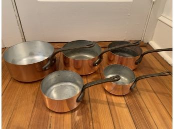 Set Of Five Les Cuivres De Faucogney Vintage French Copper Pans