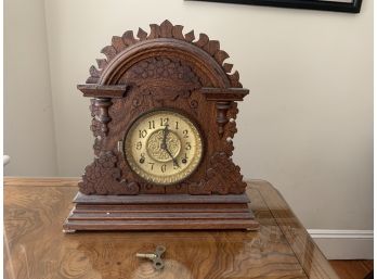 Antique Carved Wood Mantel Clock, Made In Connecticut