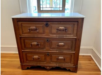 Antique Marble Top Chest Of Drawers With Carved Wood Pulls