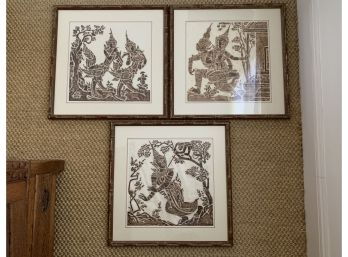 Three Vintage Stone Rubbings From Cambodia, Custom Framed & Matted