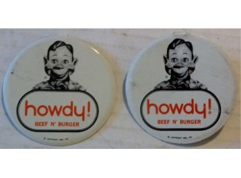 Vintage Two 2 Inch Howdy! Beef N' Burger Metal Tab Buttons