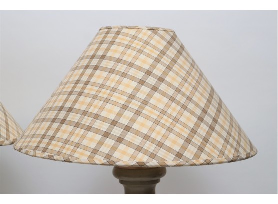 Set Of 2 Vintage Wood Lamps With Burberry Style Shades