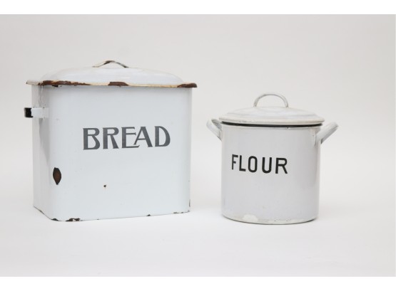 Antique Metal And Porcelain Coated Bread And Flour Containers With Lids