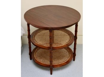 Antique Round Wood And Cane End Table With Bamboo Legs