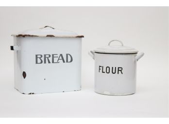 Antique Metal And Porcelain Coated Bread And Flour Containers With Lids