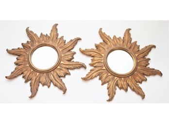 Set Of 2 Antique Wood Carved Gold Gild Sunburst Mirrors