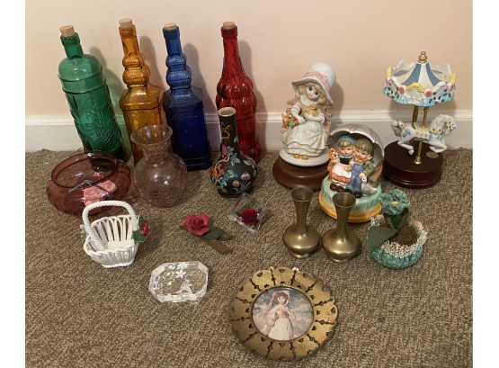 Miscellaneous Lot Of Bottles, Vases, And Musical Items